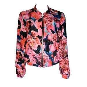 Premise Studio Jacket Womens SIze Medium Pink Red Floral Rose Long Sleeve Zip Up